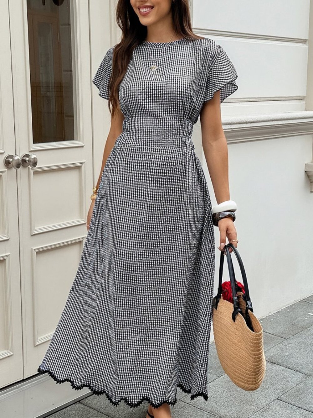 Apricot Casual Women's Plaid Round Neck Ruffle Short Sleeve Elegant Long Dress - Picture 6 of 8